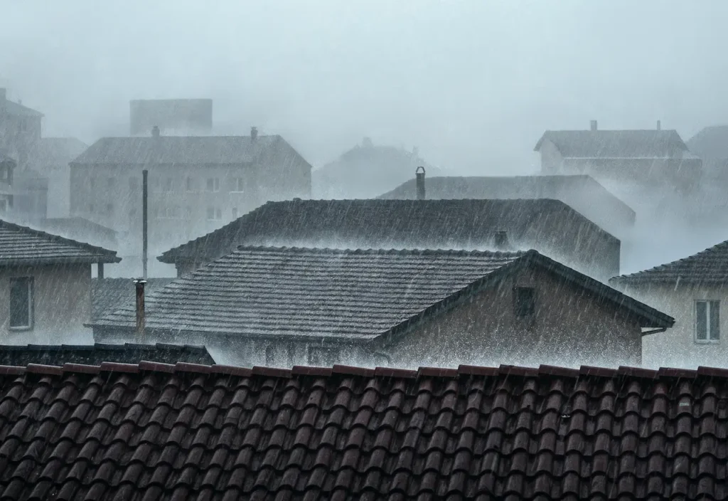 Intense hail and heavy rain splashing off tiled roofs causing hail damage.
